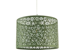 Unique Moroccan Designed Olive Green Metal Circular Pendant Light Shade with Floral Decor | 30cm Diameter | Maximum 11watt LED Allowed by Happy Homewares