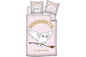 AYMAX Parure de lit réversible Harry Potter - Hedwige la Chouette - -Hogwarts is my home- - Rose - 140 cm x 200 cm