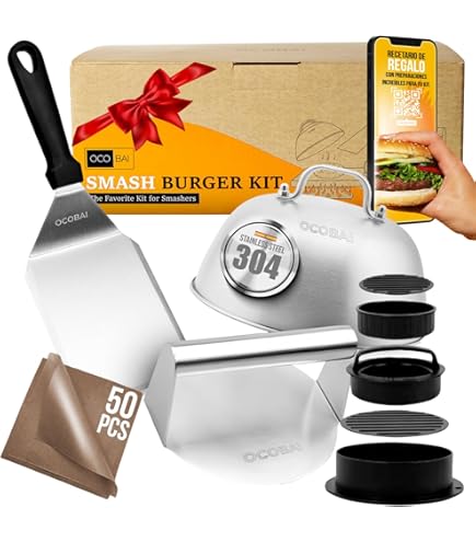 Presse à Hamburger Pliable SMASHI® - Inox 304 - Kit Smash Burger Avec 20 Feuilles Antiadhésives + Guide Recettes - Pour Cuisine Et Barbecue