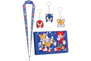 Sonic The Hedgehog Boys Wallet - 3 PC Keyring Set and Lanyard - Canvas Wallets with Zipped Coin Holder and Card Slots Featuring Tails and Knuckles