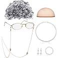 Old Lady Cosplay Set Granny Wig Cap Glasses Chain Cords Faux Pearl Bead Necklace (Gray Afro Wig)
