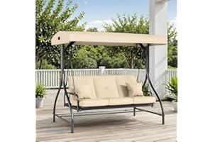 TLSUNNY 3-Seat Patio Swing Chair W/Adjustable Canopy & Backrest, Removable Seat Cushion, Convertible Porch Bed with Stand, 45° Adjustable Canopy, for Backyard, Poolside, 750LBS (Pillow not Included)