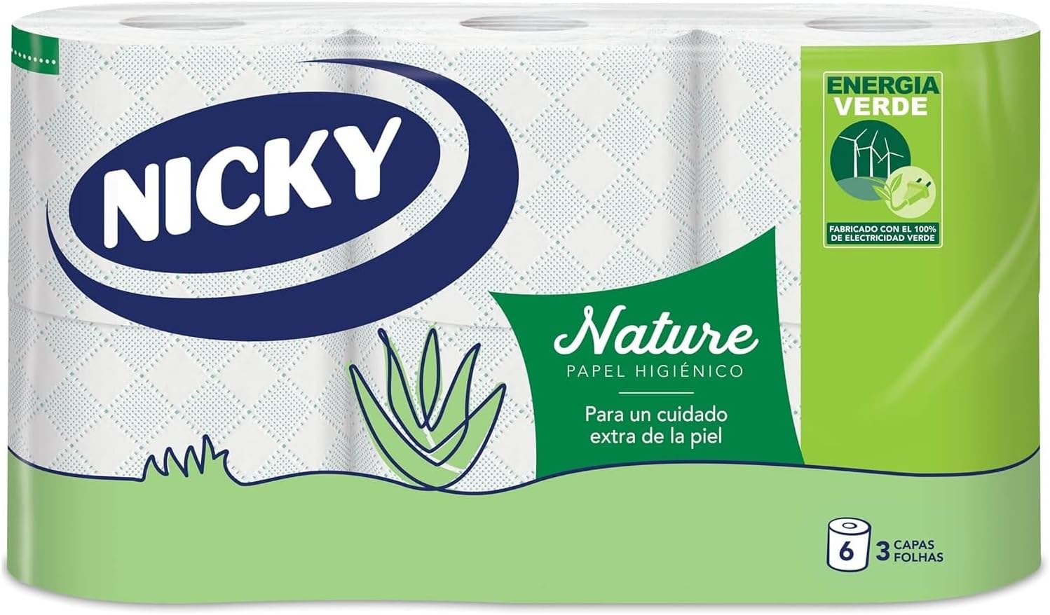Nicky Nature Papel Higiénico - Paquete de 6 Rollos, 170 Hojas de 3 Capas, Enriquecido con Loción de Aloe Vera, Cómodo y Suave con la Piel, Embalaje Reciclable, Celulosa 100% Pura, Certificación FSC