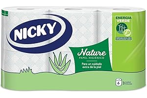 Nicky Nature Papel Higiénico, 6 Rollos, 3 Capas, 170 Servicios Por Rollo. Enriquecido Con Loción De Aloe Vera, color Blanco, 9,8 x 13cm
