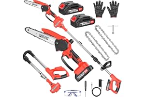 YOSPINBER 2-in-1 Cordless Pole Saw & Mini Chainsaw, 8-inch Electric Saw Brushless with 2 * 1500mAh Battery, Telescopic Motor Head 180° swiveling, Chain Saw with Extension Pole for Wood Cutting Trimming (Red)