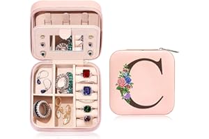 Tarklanda Boîte à Bijoux avec Lettre Initiale C Petit Boite a Bijoux Femme Boite à Bijoux de Voyage avec Miroir Coffret à Bijoux pour Femme Ami Cadeau Personnalisé pour Noël Anniversaire