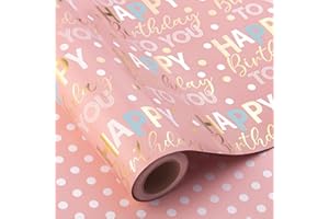 Wikadlik Pink Birthday Wrapping Paper - 43cm x 10m - Gold Foil Happy Birthday Lettering Polka Dots Reversible Gift Wrap Paper for Party Shower Holiday Celebration
