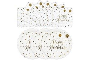 HFBOBP 50PCS Happy Birthday Paper Plates and Napkins, 7 Inch White and Gold Scalloped Cake Dessert Plates Disposable Tableware Party Supplies Decorations