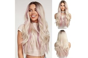 OUFEI Ombre Blonde Wigs with Pink Purple Highlight for Women Long Curly Wig Synthetic Hair Heat Resistant Wigs for Daily Party Cosplay Wear