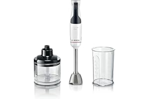 Bosch Serie 4 Frullatore a Immersione ErgoMaster MSM4W220, 600 W, Impugnatura Ergonomica, Regolazione Dinamica della Velocità, 4 Lame in Acciaio Inox, Tritatutto Incluso, Bicchiere Graduato, Bianco