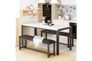 HOOSENG Dining Table Set with 2 Benches, Dining Room Table and PU Leather Benches for 4, Corner Dinner Table(120 * 70 * 78.5 cm) and Kitchen Bench(104 * 29 * 47 cm) for Home Furniture