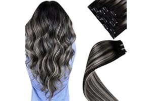 LaaVoo Extension Capelli Veri Clip 5pcs 80g 30cm Nero con Silver Naturale Extension Clip Capelli Veri Lisci Estensioni Dei Capelli Umani Reali #1b/s/1b