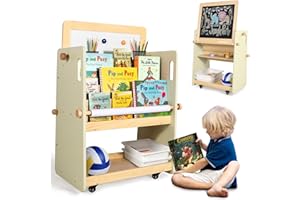 LOL-FUN Kids Bookshelf with Drawing Board & Wheels, 4 Tier Children Bookcase for Toy Storage Organizer, Baby Display Bookshelf for Nursery and Bedroom