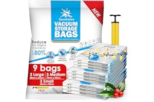 Spedalon Vacuum Storage Bags - Pack of 9 (3 Large + 3 Medium + 3 Small) ReUsable with free Hand Pump for travel packing | Best Sealer Bags for Clothes, Duvets, Bedding, Pillows, Blankets, Curtains