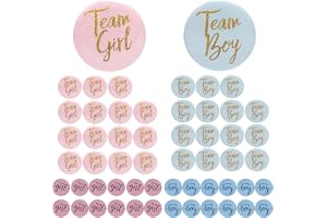 TMZELOA Förpackning med 56 kön avslöjande knappar, Team Girl och Team Boy stiftmärken, 32 kön avslöjande stift + 24 kön avslöjande klistermärken för babyshowerfestdekorationstillbehör