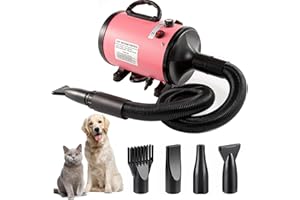 Memows Pulseur Chien Professionnel 2800W Souffleur Chien Pulseur pour Chien Poils Longs Seche Cheveux Chien Sèche-Cheveux pour Animaux Vitesse Continue et température réglable avec 4 Buses (Rose)
