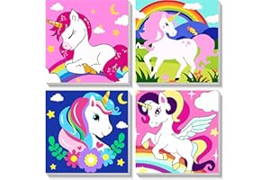 Pujeknm 4 Stück Einhorn Malen Nach Zahlen ab 5 6 7 Jahre Mädchen mit Rahmen, Süßes Einhorn Malen Nach Zahlen für Kinder ab 7 Jahren Acrylfarben mit als Geschenk, Mittel 20x20 cm (Glückliches Tiere)