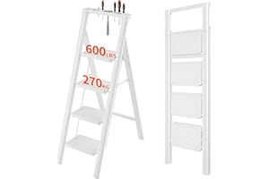JOISCOPE Escabeau 4 Marches avec Plateforme de Travail, Échelle Pied Pliable avec Poignée, Pédales Épaissies et Élargies, Adapté à Diverses Scènes, comme La Cuisine et Le Jardin, Blanc