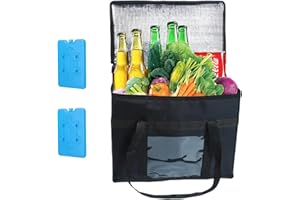 JINGTOPS Duża torba chłodząca, składana, 35 l, torba chłodząca, torba termiczna na lód z pudełkiem z kryształem lodu, uchwytami, podwójnymi zamkami błyskawicznymi, pokrywką, wielokrotnego użytku, na zakupy,