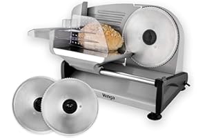 Venga! Trancheuse Électrique, 1 Lame Dentelée Pour Pains, 1 Lame Lisse pour Charcuterie et Légumes, Réglage précis de l’épaisseur de 0 à 15mm, Chariot et Poussoir Amovibles, 200W, Inox, VG AS 3005