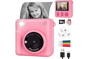 NICEWIN Children's Camera Instant Camera 1080P 2.4 Inch Screen with Protective Case - Digital Camera Toy for 3-10 Years Girls Boys Gift Photo Camera Instant Print with Printing Paper & 32GB Card (Inst-Pink)