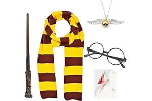 UAVAUI Wizard Costume Set, 6 PCS Cosplay Accessories Wizard Magic Wand and Glasses Knitted Scarf, Wizard Necklace for Wizard Cosplay Fancy Dress Outfit Accessories for School Event World Book Day