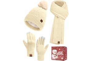 Voqeen Conjunto Gorro Bufanda Guantes Mujer Invierno Térmico Larga Bufanda de Punto Cálido Gorro Forro Polar Guantes Tactiles Moda Set Regalo