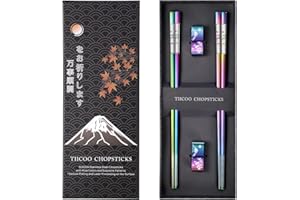 TIICOO Pałeczki ze stali nierdzewnej wielokrotnego użytku, 2 pary tytanowych pałeczek ze stali nierdzewnej 18/8 z uchwytem, nadają się do mycia w zmywarce, lekkie metalowe pałeczki do jedzenia,