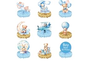 Kotkiddy 9 Stück Bären Baby Shower Honeycomb Centerpieces Bären Tischdecorationen 3D Tischdekor für Kindergeburtstag Geschlechtsaufdeckung Neugeboren Party (Blauer Bär)