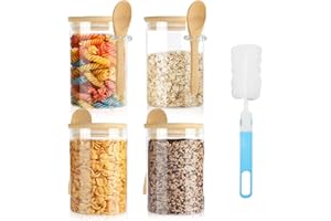 PRZRAO 4 Tarros de Vidrio con Tapa Hermética Madera y Cuchara, 550 ml Tarros de Cristal con Tapa, Tarro Vidrio Tapa Hermética con Cuchara, Botes de Cristal Decorativos de Cocina con Tapa