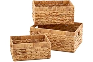EZOWare Set of 3 Natural Water Hyacinth Organiser Baskets, Weaved Storage Container Boxes with Handle Ideal for Kitchen, Bathroom Bedroom, Home Decor