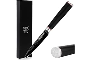 YOUSUNLONG Couteau utilitaire - 5 pouces - Couteau multi-usages - Lame en acier japonais AUS8 martelée revêtue de nitrure de titane noir - Manche en bois d'ébène naturel