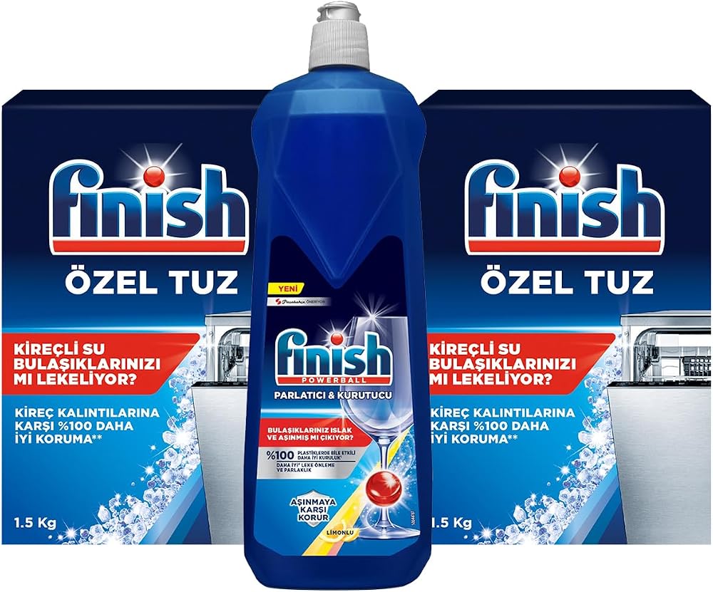 Finish Bulaşık Makinesi Parlatıcı & Kurtucu, Limon, 800ml + Tuz, 2x1500gr