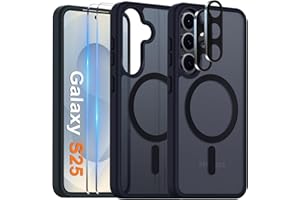 COPIKE Coque Magnétique pour Samsung Galaxy S25 avec 2 Pièces Verre Trempé et 2 Caméra Protecteur, Étui MagSafe Arrière Translucide Mat Givrée Anti-Empreintes Antichoc Housse, Noir