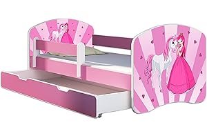 Kinderbett Jugendbett mit einer Schublade und Matratze Rausfallschutz Rosa 70 x 140 80 x 160 80 x 180 ACMA II (08 Princess, 80 x 160 cm mit Bettkasten)