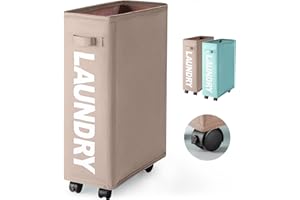 Rieeyrslza Składany Kosz na Pranie na Kółkach 43L Kosz na Pranie Pojemnik na Pranie z Uchwytem Kosz na Pranie Tkanin Oxford Brudne Ubrania Organizer do Pralni Dotyczy Toalety (Khaki)