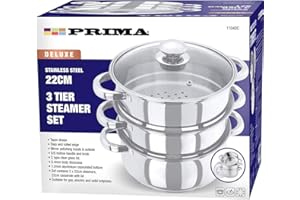 BARGAINGALORE New 22CM Stainless Steel 3 Tier Steamer Cooker Pot Set Glass LID COOKWARE Food