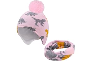 TAGVO 2 in 1 Kids Beanie Hat Circle Scarf Set, Winter Warm Thick Fleece Lining Knitted Beanie Ear/Neck Warmer, Thermal Elastic Soft Hat Neck Gaiter for Baby Toddler Girls Boys