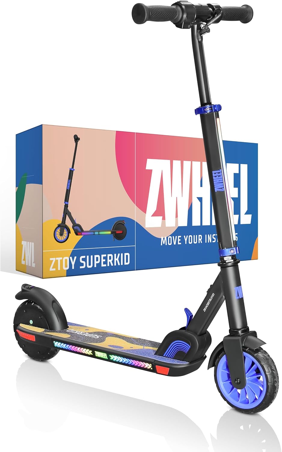 ZWHEEL ZTOY SUPERKID | Patinete Eléctrico para Niños & Niñas - Altura Ajustable - hasta 70kg - 150W, 10km Autonomía, 19km/h, Luces RGB, Doble Freno - Ruedas Antipinchazo