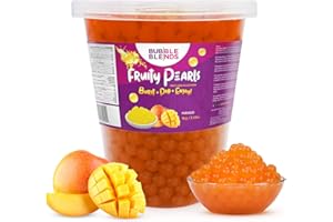 ‎BUBBLE BLENDS Popping Boba Fruchtperlen Mango - 1 kg Bubble Blends Boba Perlen mit Fruchtsaft – Milchfrei, 100% Fett- & Glutenfrei - Boba Bubble Tea Perlen (10 Portionen) - Getränkezugabe oder Verzierung