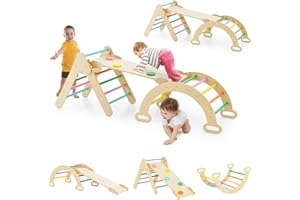 LIFEZEAL Trójkąt wspinaczkowy ze zjeżdżalnią, zestaw rusztowań 7 w 1 z drewna bukowego, do wnętrz, łuk wspinaczkowy i drabina wspinaczkowa, trójkąt szczebli, zabawka do wspinaczki od 1 roku życia
