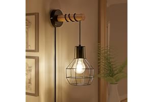 VANSINTEK Industrial Wall Lights with Plug in Cord for Living Room, Black Farmhouse Wall Sconces with Metal Cage Retro Lamps E27 Vintage Lighting Mounted Fixture with Switch Bedroom Bedside Reading Lights