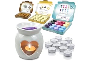 Wax Melts Gift Set - Starter Intro Pack - Spotless Leopard Heart Shaped Ceramic Burner - 3 Packs of 16 x 6h My Heart Melts (Coffee, Vanilla, Mixed Scents) and 10 Tealights