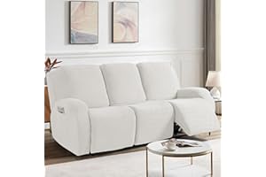 KinCam Jacquard Recliner Chair Cover, Stretch Sofa Slipcover with Armrest & Pocket, Soft Couch Cover Sofa Protector for Dogs & Pets, Washable Armchair Cover (3 Seater, Cream)