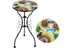 GEEZY Mosaic Garden Table – Sunflower Design, Weatherproof Glass & Iron, Small Round Outdoor Patio Coffee Versatile Bistro Side Table Plant Stand for Home & Gift, 30.5 cm Diameter, Garden Tables Only