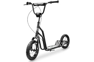 HyperMotion Patinete para Niños 5+ y Adolescentes - Scooter con Ruedas Inflables de 12 Pulgadas - 2 Frenos Manuales - Altura Ajustable - Negro