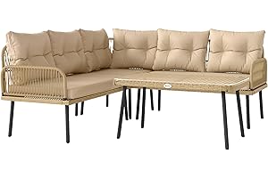 Outsunny Salon de Jardin extérieur en résine tressée 5 Places, canapés 2 Places, Chaise d'angle, Table en Verre trempé et Coussins Inclus, mobilier de Jardin pour terrasse Balcon, Effet Bois Naturel