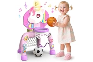 POPERFUN Basketballkorb Kinder & Fussballtore für Garten Kinder 1-3 Jahren, Einhorn Geschenke für Mädchen 12-36 Monate, Basketballkorb Indoor mit Lichtern Sound Musik, Weihnachts Geburtstagsgeschenke