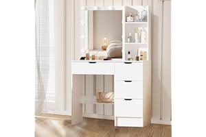 Umeiga Simple Dressing Table with 4 Drawers, Vanity Desk with LED Lighted Mirror, 3 Model Lights, Modern White Makeup Vanity Bedroom with Open Shelve, 80x36x130 cm