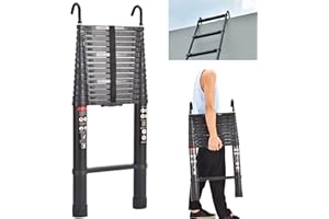 BRIEFNESS 6,2 m Teleskopleiter mit abnehmbarem Haken, Aluminiumleiter, strapazierfähig, ausziehbare Leiter, Mehrzweckleiter, 150 kg Kapazität, EN131 Sicherheitsgeprüft
